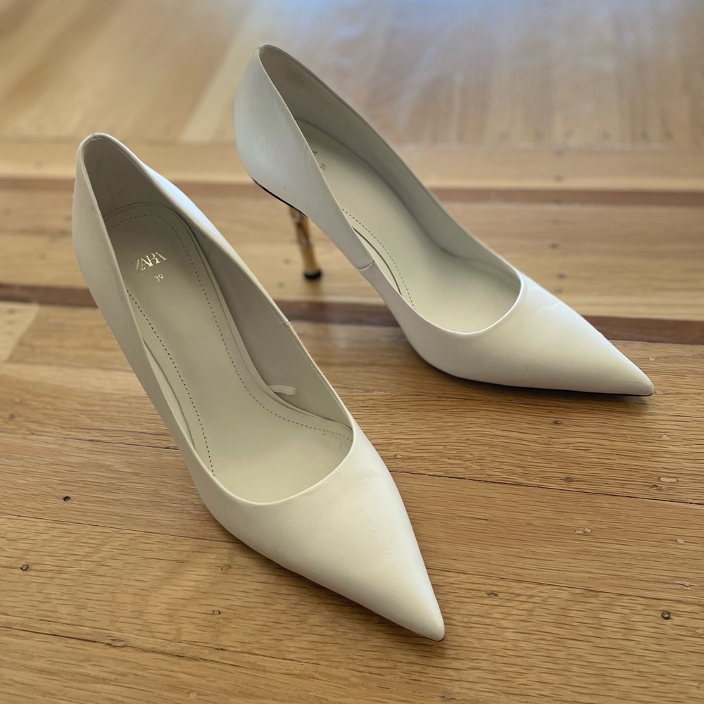 Zara White Women's Pointed Heels with metal bamboo 4” heel